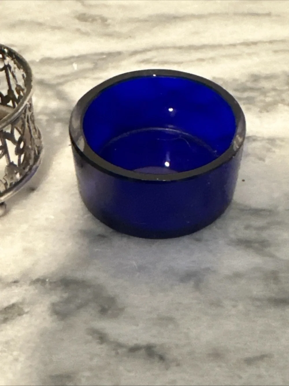 Antique sterling silver with cobalt blue glass insert salt cellar